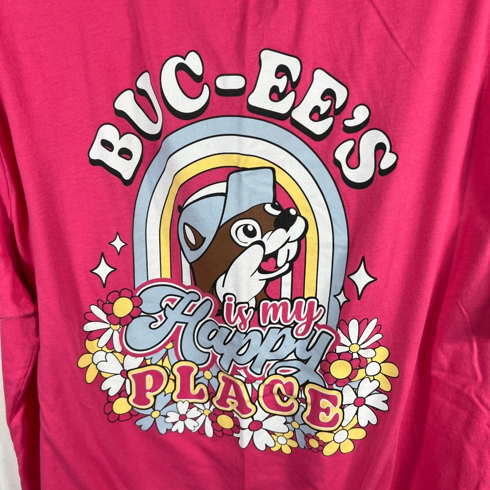 Buc-ee's Happy Place Pink Graphic T-Shirt XL Beaver Rainbow Floral Texas Tee